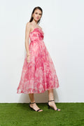 Floral Print Draped Bodice Midi Dress
