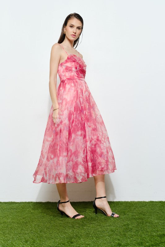 Floral Print Draped Bodice Midi Dress