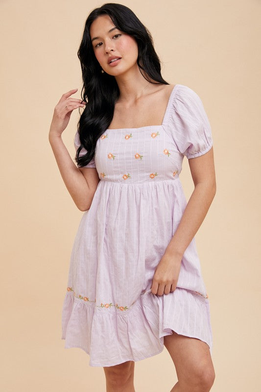 Floral embroidered square neck midi dress