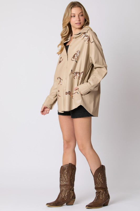 Cheetah Sequins Embroidery Shacket