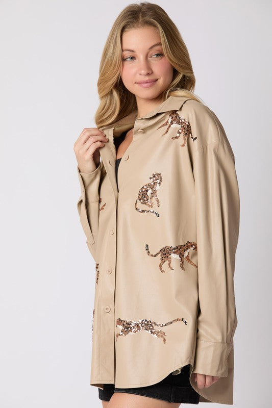 Cheetah Sequins Embroidery Shacket