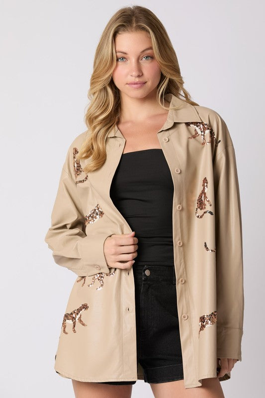 Cheetah Sequins Embroidery Shacket