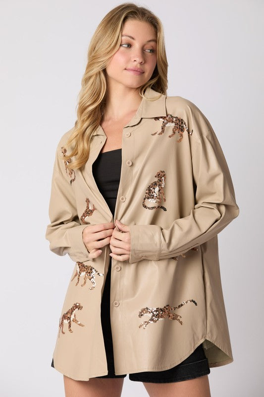Cheetah Sequins Embroidery Shacket