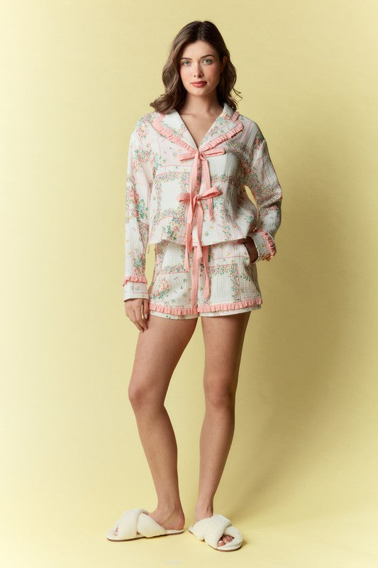 Floral Patchwork Pattern Ruffle Pajama Set