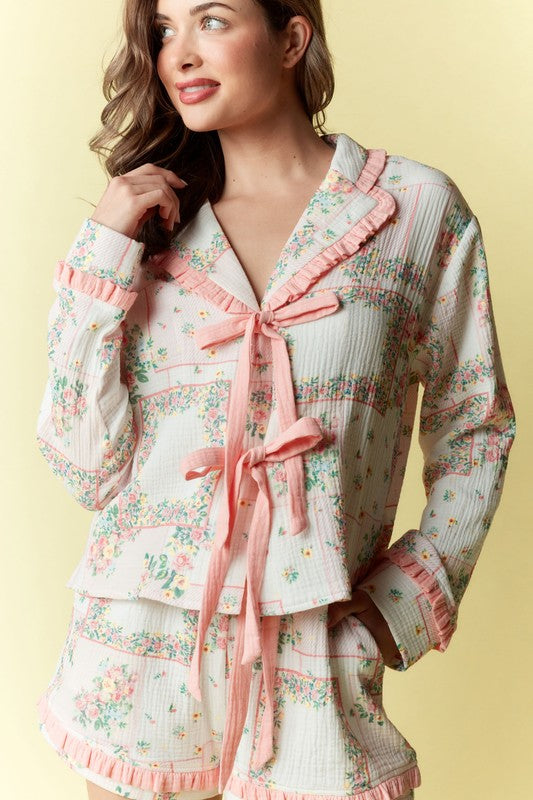 Floral Patchwork Pattern Ruffle Pajama Set