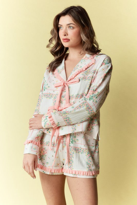 Floral Patchwork Pattern Ruffle Pajama Set