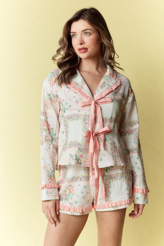 Floral Patchwork Pattern Ruffle Pajama Set