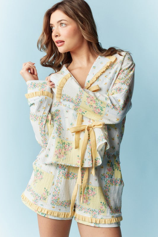 Floral Patchwork Pattern Ruffle Pajama Set