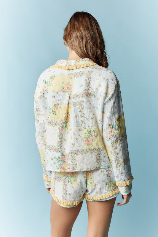 Floral Patchwork Pattern Ruffle Pajama Set