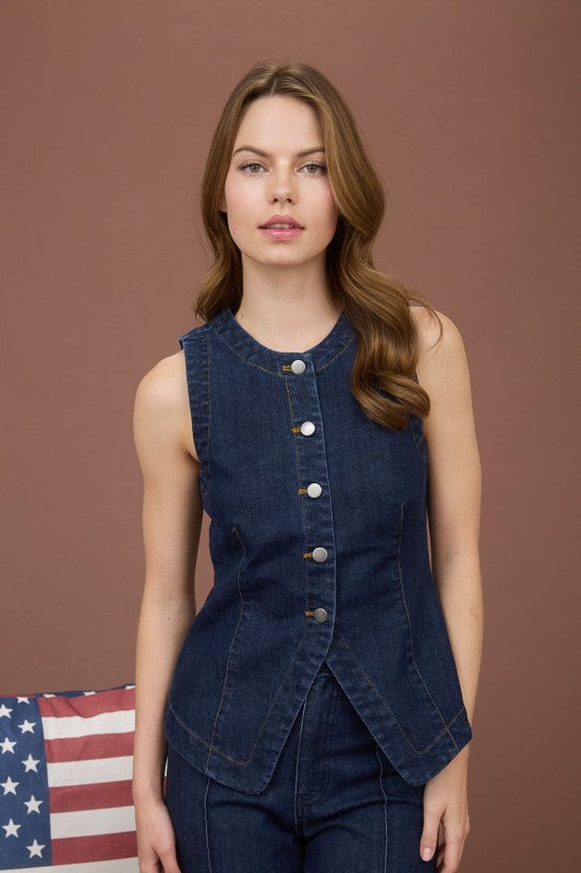 Button Down Sleeveless Denim Vest