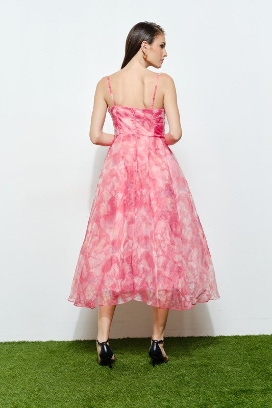 Floral Print Draped Bodice Midi Dress