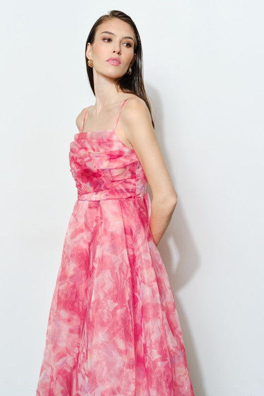 Floral Print Draped Bodice Midi Dress