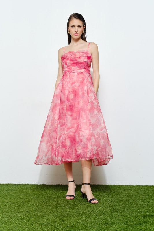 Floral Print Draped Bodice Midi Dress