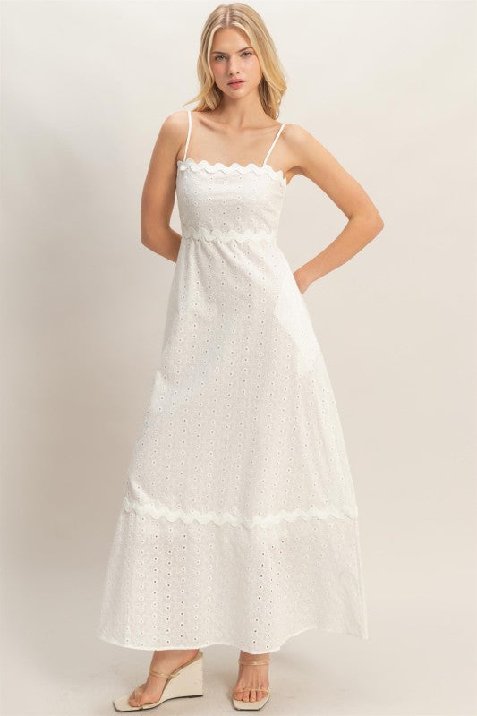 Scallop Trim Eyelet Midi Dress