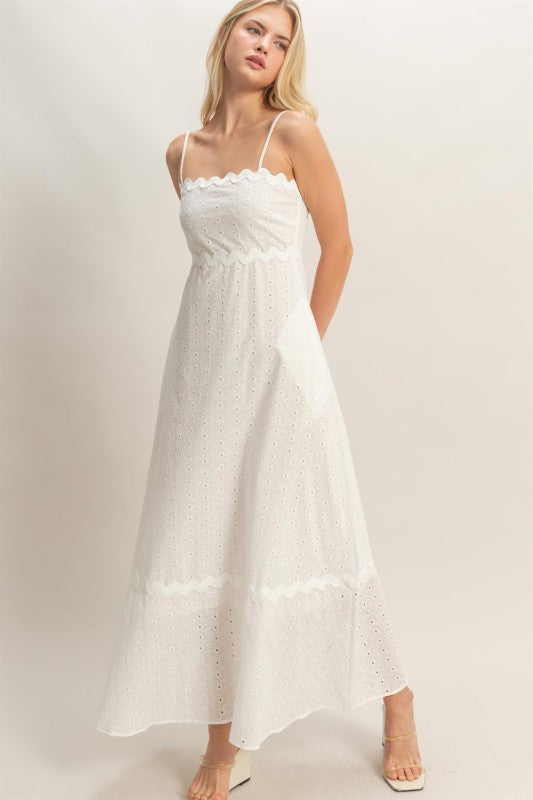 Scallop Trim Eyelet Midi Dress