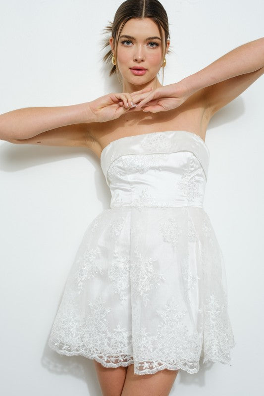 Strapless Floral Embroidery Mini Dress