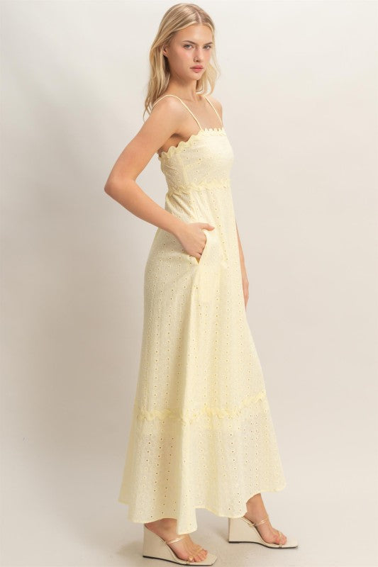 Scallop Trim Eyelet Midi Dress